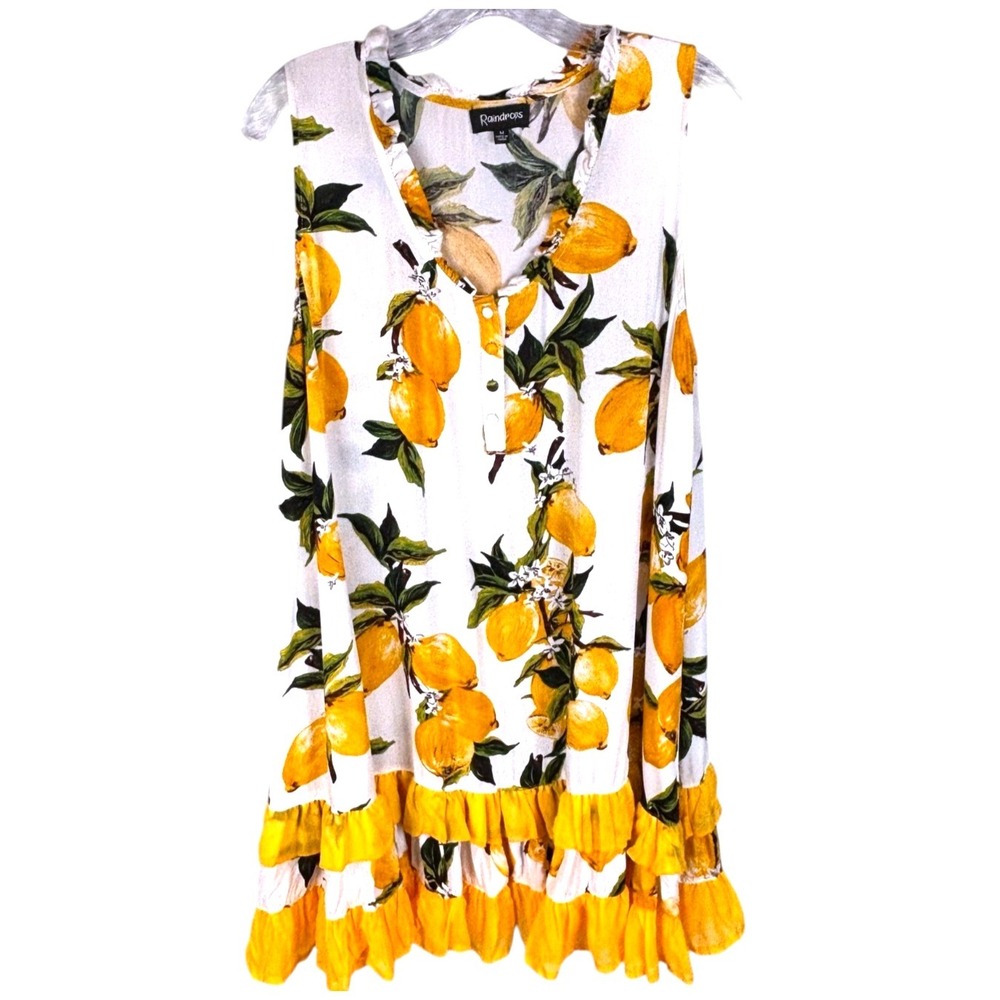Raindrops Lemon Print Ruffle Dress Sz M Current Coastal Cottagecore Feminine